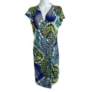 Egerie Paris Faux Wrap Dress Sz S Mixed Pattern Turquoise Blue Yellow  Cap Sleev